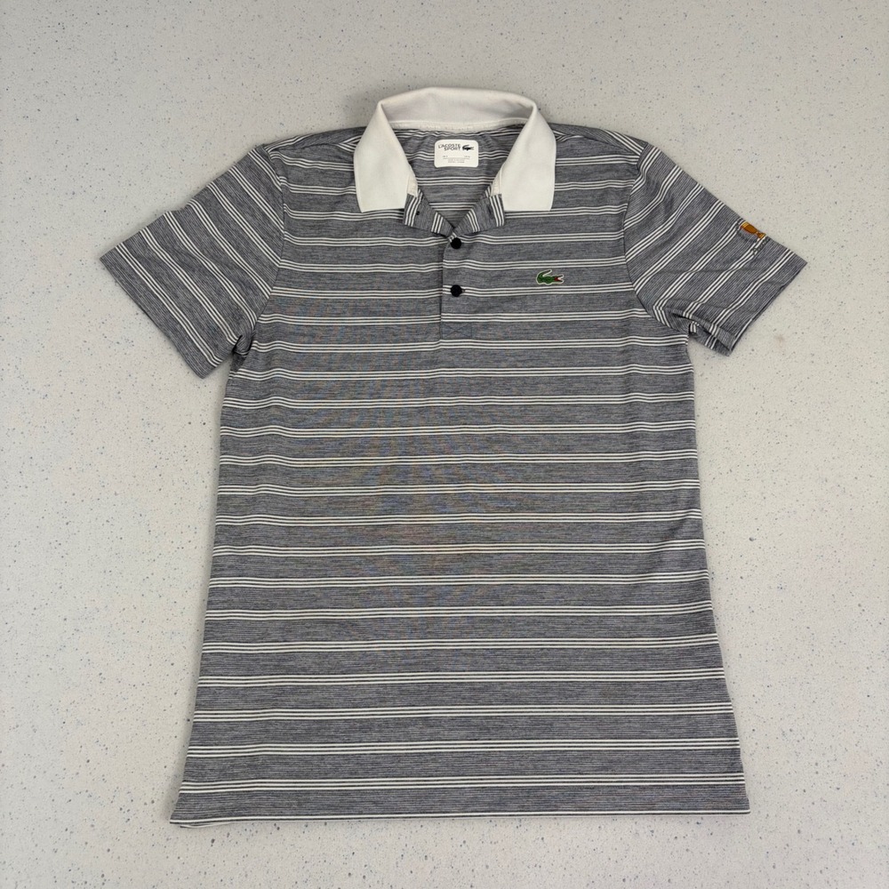 Lacoste‎ Sport Striped Polo Shirt Gray White Golf Short Sleeve Mens M Athleisure